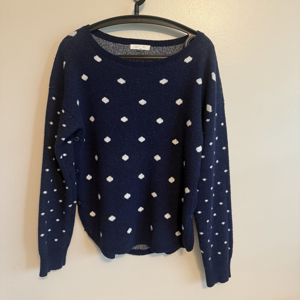 August Mist Blue Polka Dot Sweater Size L Cottagecore Preppy Feminine Dainty